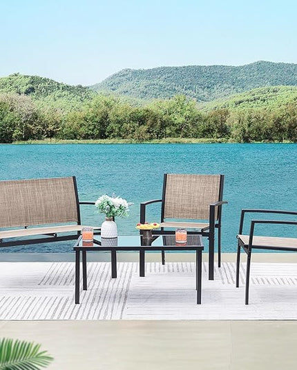 Greesum 4 Pieces Patio Furniture Set Outdoor Conversation Textilene Fabric Chairs for Lawn, Garden, Balcony, Poolside with A Glass Coffee Table, Beige - LeafyLoom