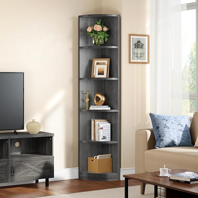 YITAHOME 70.8" Corner Shelf, 5 Tier Corner Bookshelf and bookcase, Modern Open Free Standing Shelving Unit Wooden Display Rack Storage Shelves for Bedroom, Living Room, Home Office, Charcoal Gray - LeafyLoom