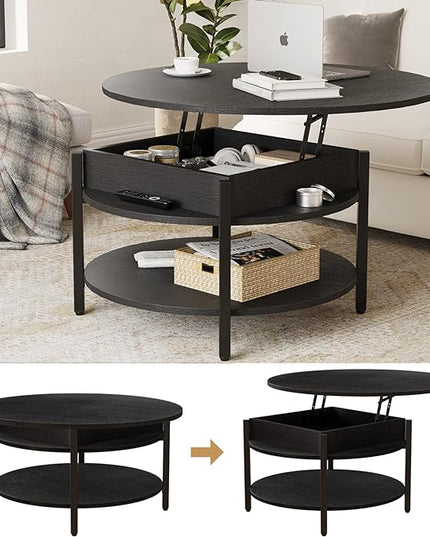 FABATO Round Lift Top Coffee Table for Living Room, 35.43'' Round Coffee Table with Storage and Hidden Compartment, 2 Tier Large Farmhouse Coffee Table Round Dining Table, Black - LeafyLoom