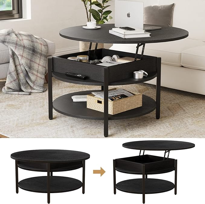 FABATO Round Lift Top Coffee Table for Living Room, 35.43'' Round Coffee Table with Storage and Hidden Compartment, 2 Tier Large Farmhouse Coffee Table Round Dining Table, Black - LeafyLoom