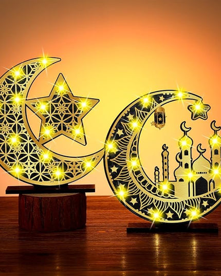 2 Pcs Ramadan Eid Mubarak Crafts Night Light 3D Wooden Moon Star Lights Ramadan Decorations LED Eid Mubarak Lamp Decor Ramadan Table Sign for Tabletop Home Party Supplies(Black and Gold) - LeafyLoom
