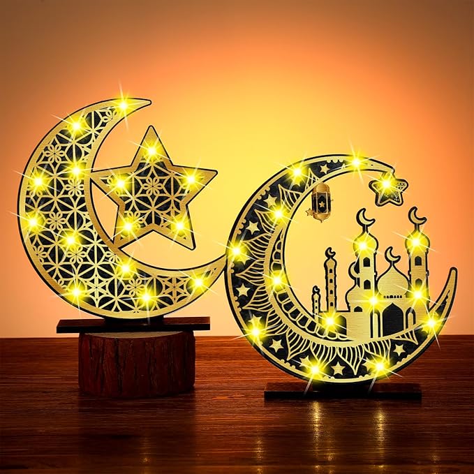 2 Pcs Ramadan Eid Mubarak Crafts Night Light 3D Wooden Moon Star Lights Ramadan Decorations LED Eid Mubarak Lamp Decor Ramadan Table Sign for Tabletop Home Party Supplies(Black and Gold) - LeafyLoom