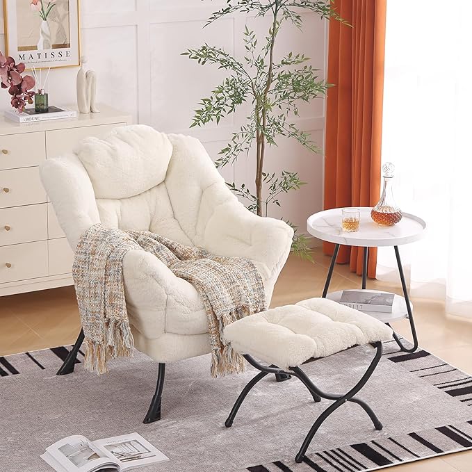Lazy Chair with Ottoman, Modern Chair with Folding Footrest, Lounge Accent Chair, Comfortable Reading Chair for Bedroom, Study, Living Room, Courtyard (Plush Beige) - LeafyLoom