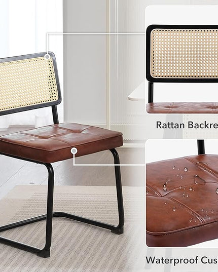 Rattan Dining Chairs Set of 2, Mid Century Modern PU Leather Dining Room Kitchen Chairs with Cane Back, Metal Chrome Legs, Upholstered Wicker Armless Accent Chairs, Brown - LeafyLoom