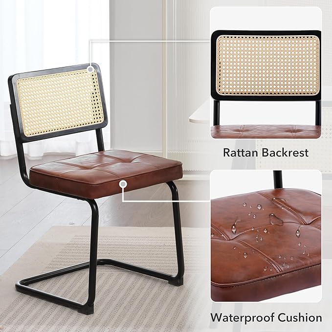 Rattan Dining Chairs Set of 2, Mid Century Modern PU Leather Dining Room Kitchen Chairs with Cane Back, Metal Chrome Legs, Upholstered Wicker Armless Accent Chairs, Brown - LeafyLoom