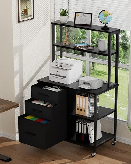 File Cabinet with Drawers and Shelves,Mobile Printer Stand with Storage,Black Filing Cabinet with Wheels for Home Office - LeafyLoom