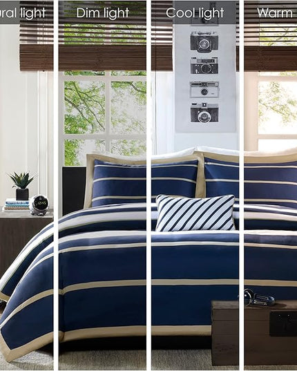 Mi Zone Ashton Casual Comforter Set, Vibrant Colorblock Design, Modern Bedding Geometric Stripes All Season Cover, Matching Shams, Decorative Pillow, King/Cal King, Khaki/Navy, 4 Piece - LeafyLoom