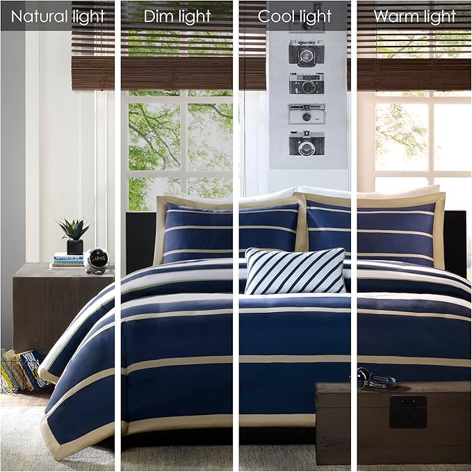 Mi Zone Ashton Casual Comforter Set, Vibrant Colorblock Design, Modern Bedding Geometric Stripes All Season Cover, Matching Shams, Decorative Pillow, King/Cal King, Khaki/Navy, 4 Piece - LeafyLoom