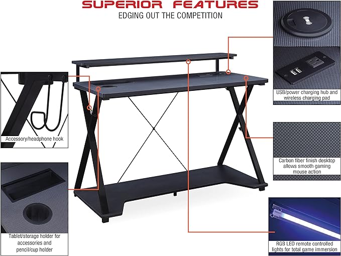 OSP Home Furnishings Checkpoint Ghost Battlestation Gaming Desk with RGB LED Lights, Black - LeafyLoom