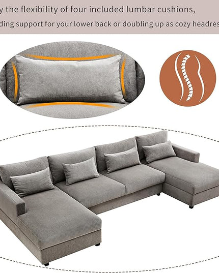 128.3" Modern Large U-Shaped Sectional Sofa with 2 Storage Chaise and 4 Lumbar Pillows, Oversized Reversible Upholstered Couch for Living Room, Apartment, Office, Gray, 128.3 Inch - LeafyLoom
