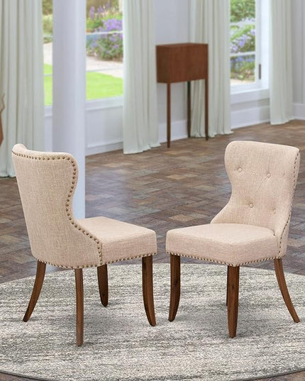 East West Furniture SIP8T04 Sion Parsons Dining Button Tufted Nailhead Trim Light Tan Linen Fabric Upholstered Chairs, Set of 2, Walnut - LeafyLoom