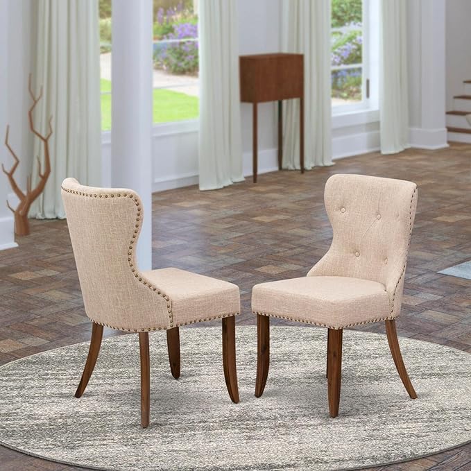 East West Furniture SIP8T04 Sion Parsons Dining Button Tufted Nailhead Trim Light Tan Linen Fabric Upholstered Chairs, Set of 2, Walnut - LeafyLoom