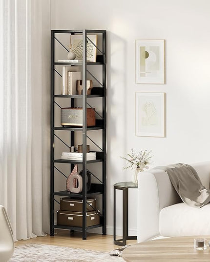 IDEALHOUSE Narrow Bookshelf Tall Skinny Bookcase 6 Tier Storage Rack Rustic Corner Shelf Metal Frame Small Freestanding Bookshelves Industrial Display Stand for Bedroom, Living Room, Home Office - LeafyLoom