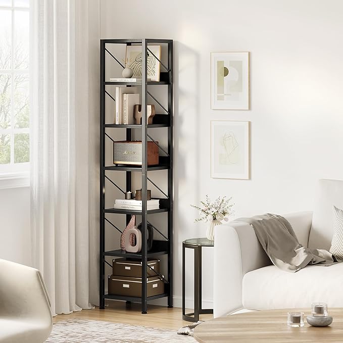 IDEALHOUSE Narrow Bookshelf Tall Skinny Bookcase 6 Tier Storage Rack Rustic Corner Shelf Metal Frame Small Freestanding Bookshelves Industrial Display Stand for Bedroom, Living Room, Home Office - LeafyLoom