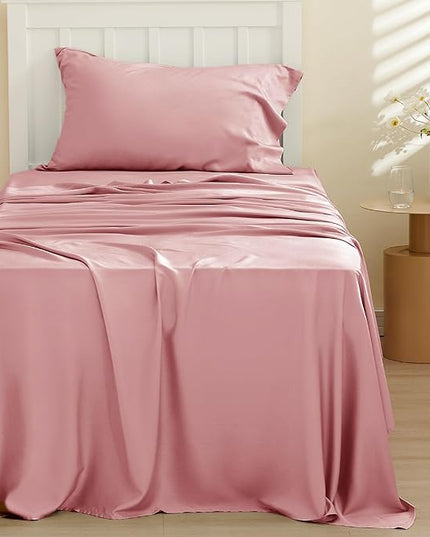 Bedsure Twin XL Sheet Set Dorm Bedding, Cooling Sheets Twin Extra Long Sheets, Rayon Derived from Bamboo, Deep Pocket Up to 16", Hotel Luxury Silky Bedding Sheets & Pillowcases, Blush Pink - LeafyLoom