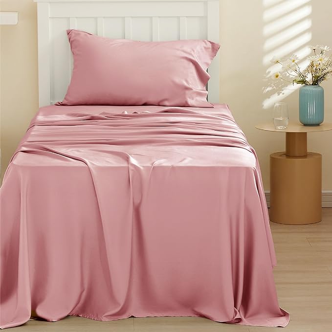 Bedsure Twin XL Sheet Set Dorm Bedding, Cooling Sheets Twin Extra Long Sheets, Rayon Derived from Bamboo, Deep Pocket Up to 16", Hotel Luxury Silky Bedding Sheets & Pillowcases, Blush Pink - LeafyLoom