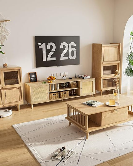 Media TV Stands for 75+ Inch TV,Entertainment Center with Adjustable Shelf, Rattan TV Console with 2 Cabinets,Mid Century Modern TV Console Table for Living Room Bedroom - LeafyLoom