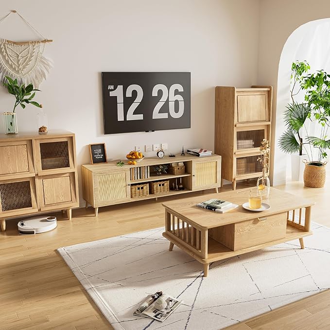 Media TV Stands for 75+ Inch TV,Entertainment Center with Adjustable Shelf, Rattan TV Console with 2 Cabinets,Mid Century Modern TV Console Table for Living Room Bedroom - LeafyLoom