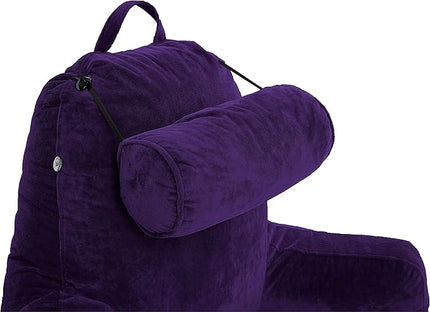 Husband Pillow XXL Purple Backrest with Arms - Adult Reading Pillow with Shredded Memory Foam, Ultra-Comfy Removable Microplush Cover & Detachable Neck Roll, Unmatched Support Bed Rest Sit Up Pillow - LeafyLoom