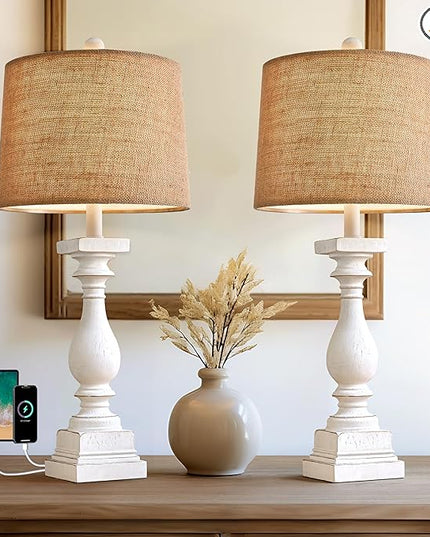 BOBOMOMO 27" USB A+C Farmhouse Table Lamp Set of 2 Vintage Rustic Traditional Nightstand Bedside Lamps Retro Side Table Lamps (Washed White) - LeafyLoom
