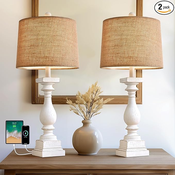 BOBOMOMO 27" USB A+C Farmhouse Table Lamp Set of 2 Vintage Rustic Traditional Nightstand Bedside Lamps Retro Side Table Lamps (Washed White) - LeafyLoom
