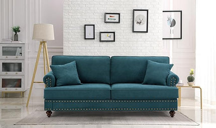 Upholstered 3-Seater Sofa with Rolled Armrest,Modern Couch with Wood Turned Legs and Nailhead Trim Design,for Living Room,Office,Lake Green - LeafyLoom