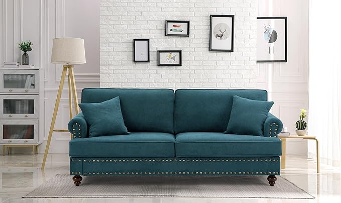 Upholstered 3-Seater Sofa with Rolled Armrest,Modern Couch with Wood Turned Legs and Nailhead Trim Design,for Living Room,Office,Lake Green - LeafyLoom