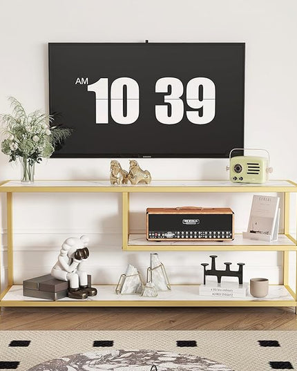 Function Home TV Stand for TVs up to 55 Inch, 3 Tier Entertainment Center, Media Console with Open Storage Shelves for Living Room Bedroom, 47” Modern TV Table with Faux Marble Top Gold Metal Leg - LeafyLoom