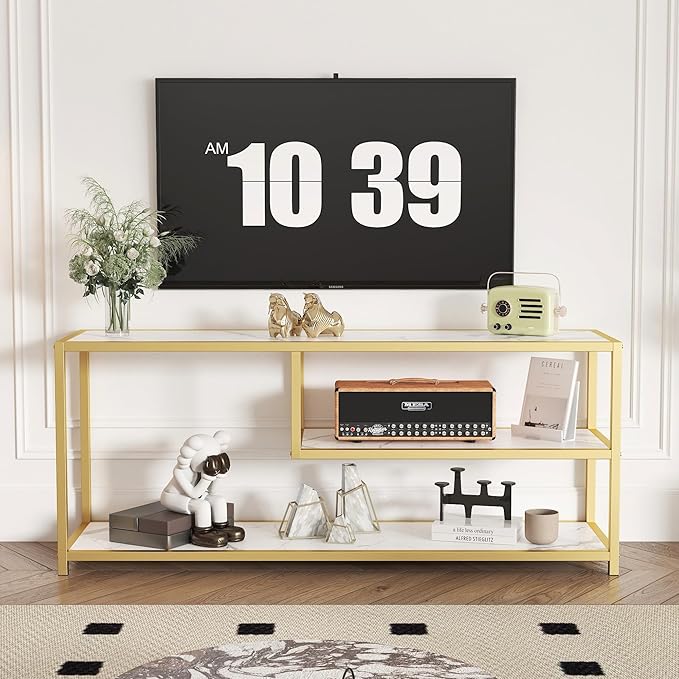 Function Home TV Stand for TVs up to 55 Inch, 3 Tier Entertainment Center, Media Console with Open Storage Shelves for Living Room Bedroom, 47” Modern TV Table with Faux Marble Top Gold Metal Leg - LeafyLoom