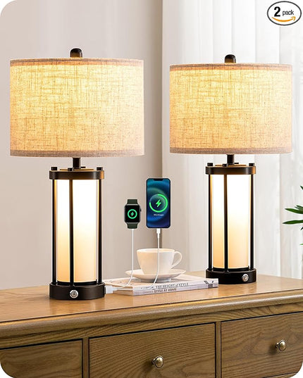 EDISHINE 22.44" Farmhouse Table Lamps with Night Light, 3 Way Dimmable Touch Control Bedside Lamp Set of 2, Rustic Nightstand Lamp for Living Room, Bedroom, A+C USB Ports, Frosted Glass Shade - LeafyLoom