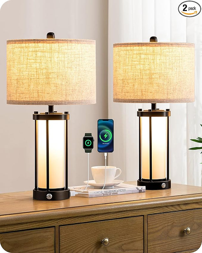 EDISHINE 22.44" Farmhouse Table Lamps with Night Light, 3 Way Dimmable Touch Control Bedside Lamp Set of 2, Rustic Nightstand Lamp for Living Room, Bedroom, A+C USB Ports, Frosted Glass Shade - LeafyLoom