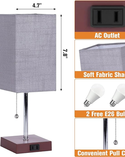 Bedside Table Lamp for Bedroom Nightstand, 3 Color Pull Chain Nightstand Lamps Set of 2 with AC Outlets, Square Gray Lampshade Bedside Lamp for Living Room, Office Desk, LED Bulb Included - LeafyLoom