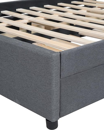 Full Size Linen Upholstered Platform Bed with Twin Size Trundle and 2 Drawers,Bedroom Bed Frame w/Brick Pattern Headboard,Wooden Slats Supproted,for Teens Kids Adults,Gray - LeafyLoom