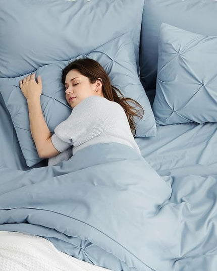 Bedsure Blue Comforter Set Queen - Bed in a Bag Queen 7 Pieces, Pintuck Bedding Sets Light Blue Bed Set with Comforter, Sheets, Pillowcases & Shams - LeafyLoom