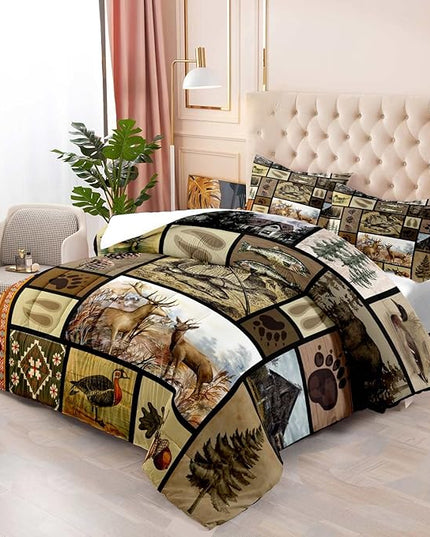 LUVIVIHOME 3PCS Rustic Lodge Comforter Set Full Size, Fish Bear Deer Cabin Bedding Set for Men, Forest Animals Elk Moose Duck Wildlife Hunting Fishing Farmhouse Country Patchwork Quilt, 2 Pillow Shams - LeafyLoom