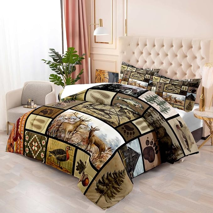 LUVIVIHOME 3PCS Rustic Lodge Comforter Set Full Size, Fish Bear Deer Cabin Bedding Set for Men, Forest Animals Elk Moose Duck Wildlife Hunting Fishing Farmhouse Country Patchwork Quilt, 2 Pillow Shams - LeafyLoom