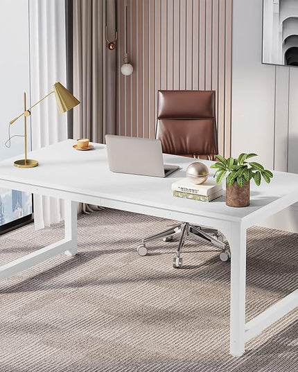 63 Inch Large Executive Computer office desk, White - LeafyLoom