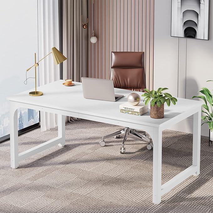 63 Inch Large Executive Computer office desk, White - LeafyLoom