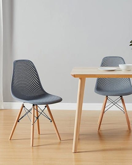 CangLong Dining Mid Century Modern Hollow Back Design Plastic Shell Armless Side Chair with Beech Wood Legs, Set of 2, Grey 1 - LeafyLoom