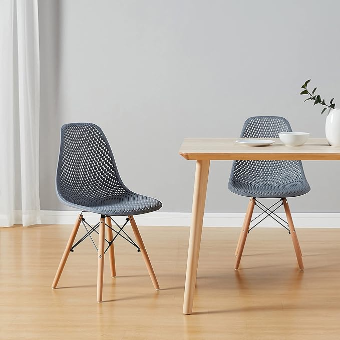 CangLong Dining Mid Century Modern Hollow Back Design Plastic Shell Armless Side Chair with Beech Wood Legs, Set of 2, Grey 1 - LeafyLoom