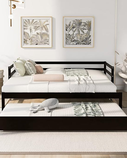 Wooden Extendable Daybed, Twin to King Daybed Frame with Trundle, Extending Sofa Bed for Living Room Bedroom Guest Room, Espresso - LeafyLoom