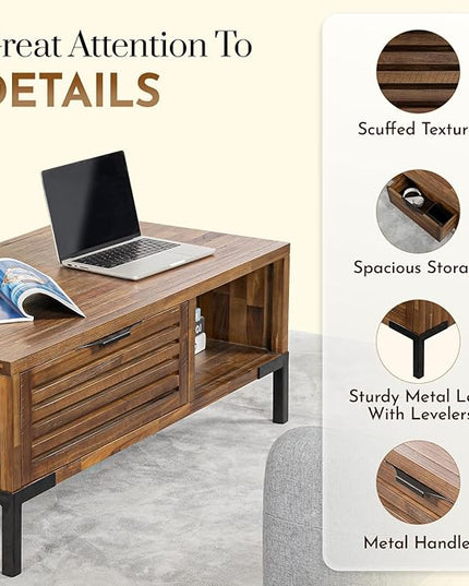 Bme, Millie Rustic TV Stand, Rustic Chestnut & Millie Solid Wood Coffee Tables, Industrial Modern Living Room Center Desk with 2 Storage Drawer - LeafyLoom