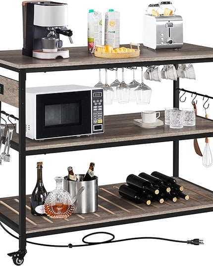 Yaheetech Kitchen Cart with Power Outlet, Rolling Kitchen Island on Wheels with Glass Holder & Hooks, Utility Trolley Cart Coffee Bar Microwave Stand Cart with Lockable Casters, Taupe Wood - LeafyLoom