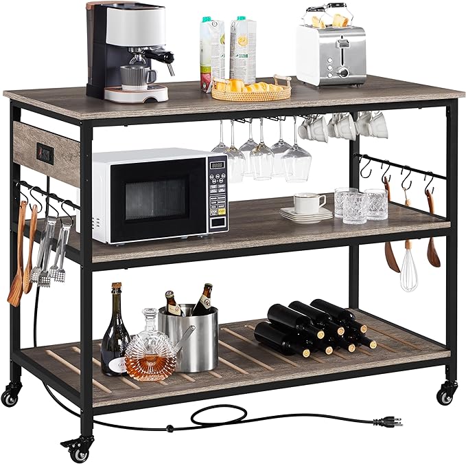 Yaheetech Kitchen Cart with Power Outlet, Rolling Kitchen Island on Wheels with Glass Holder & Hooks, Utility Trolley Cart Coffee Bar Microwave Stand Cart with Lockable Casters, Taupe Wood - LeafyLoom