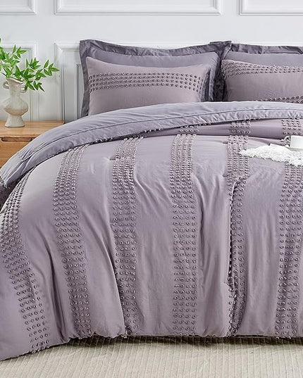 ENJOHOS Queen Comforter Set 7 Piece - Grey Comforters Queen Size, Queen Bed in a Bag Set, Boho Tufted Bedding Comforter Set with Pom Pom Design, Lightweight Soft Microfiber Comforter Bed Set - LeafyLoom