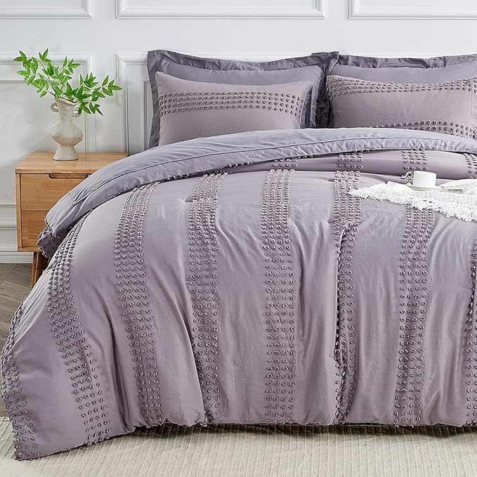 ENJOHOS Queen Comforter Set 7 Piece - Grey Comforters Queen Size, Queen Bed in a Bag Set, Boho Tufted Bedding Comforter Set with Pom Pom Design, Lightweight Soft Microfiber Comforter Bed Set - LeafyLoom