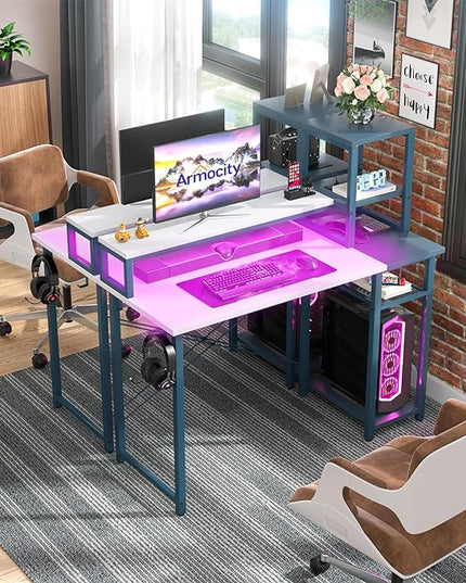 armocity 2024 Upgrade Gaming Desk with LED Lights, Small Computer Desk with Long Monitor Stand, 40'' Reversible Laptop Table with Shelves, Small Desk for Small Spaces, Gaming Room, White and Blue - LeafyLoom