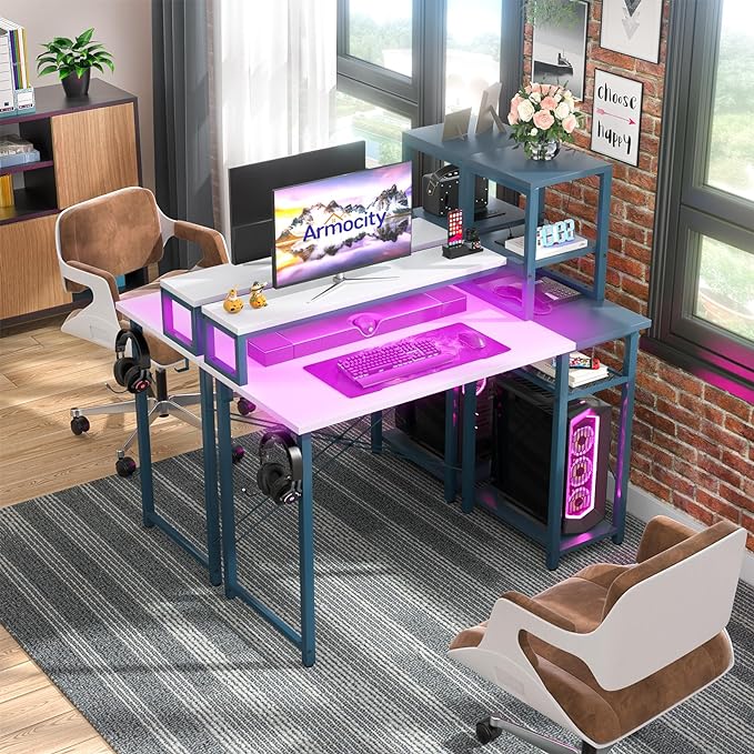 armocity 2024 Upgrade Gaming Desk with LED Lights, Small Computer Desk with Long Monitor Stand, 40'' Reversible Laptop Table with Shelves, Small Desk for Small Spaces, Gaming Room, White and Blue - LeafyLoom
