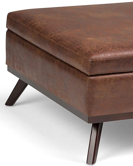 SIMPLIHOME Owen 36 Inch Wide Mid Century Modern Square Coffee Table Lift Top Storage Ottoman in Upholstered Distressed Saddle Brown Faux Leather, For the Living Room - LeafyLoom