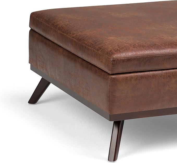 SIMPLIHOME Owen 36 Inch Wide Mid Century Modern Square Coffee Table Lift Top Storage Ottoman in Upholstered Distressed Saddle Brown Faux Leather, For the Living Room - LeafyLoom